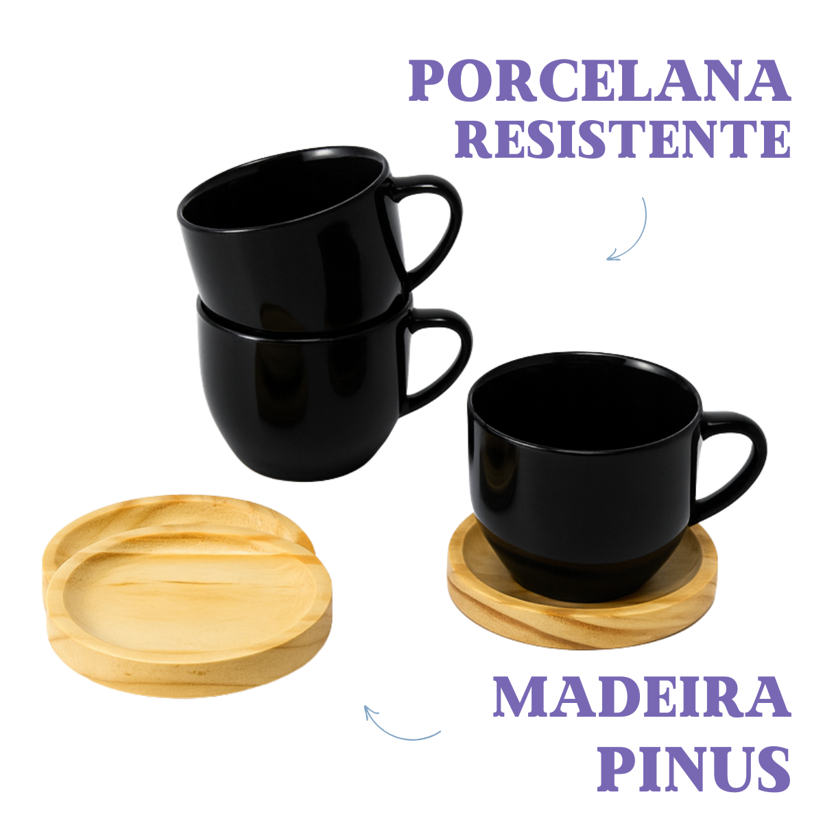 Jogo 6 Xícara Preta De Porcelana Com Pires Madeira Café Chá Preto