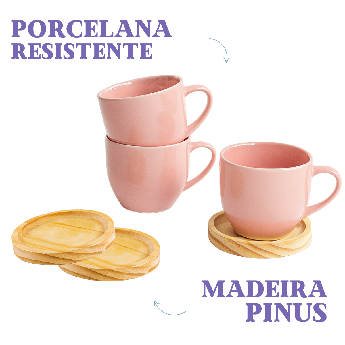 Jogo 6 Xícara De Porcelana Rosa Com Pires Madeira Pinus Café Rosa