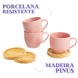 Jogo 6 Xícara De Porcelana Rosa Com Pires Madeira Pinus Café Rosa