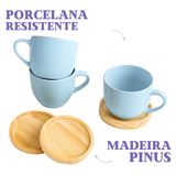 Jogo 6 Xícara De Chá Porcelana Café Casa Com Pires Madeira Azul