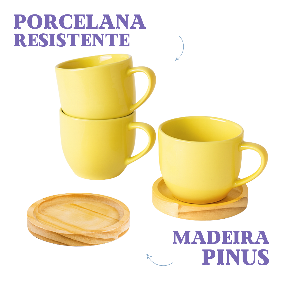 Jogo 6 Xícara Porcelana Com Pires De Madeira Café Cores Amarelo
