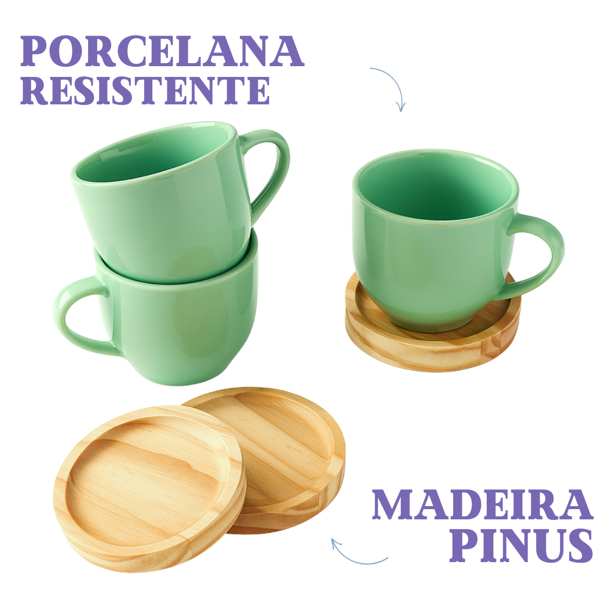 Jogo 6 Xícara De Chá Porcelana 170ml Com Pires Madeira Verde