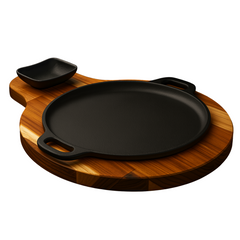 Chapa de Ferro Fundido com Tábua de Madeira e Molheira – Ideal para Carnes e Porções A Gourmet Tabua