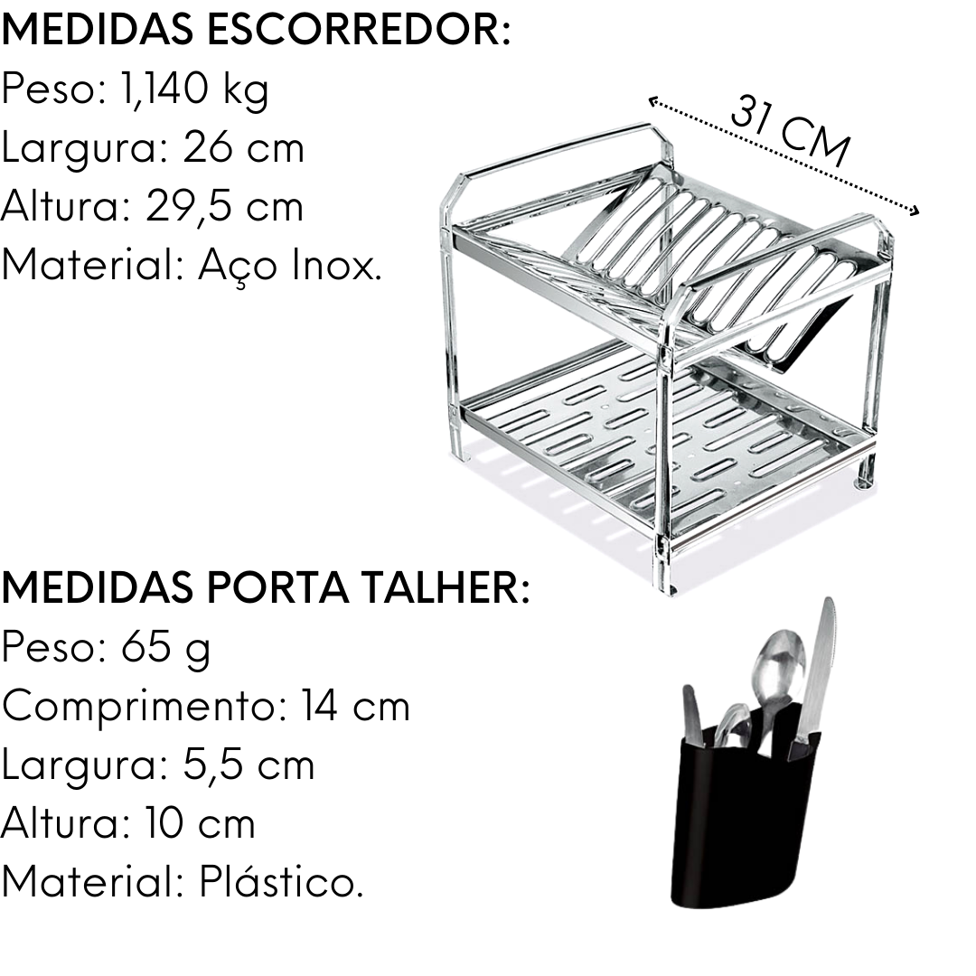 Escorredor em Aço Inox Polido 12 Pratos e Porta Talher Dinox