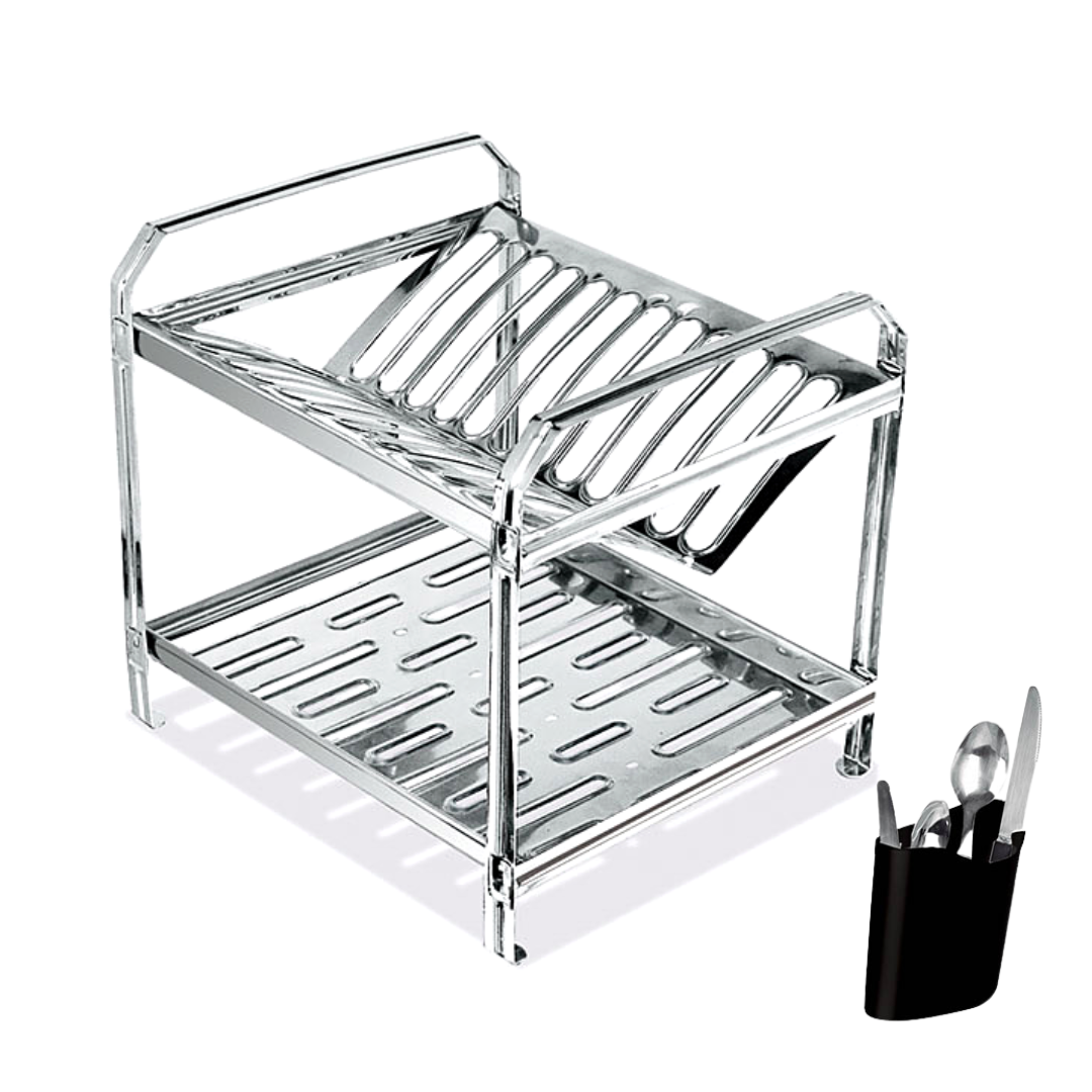 Escorredor em Aço Inox Polido 12 Pratos e Porta Talher Dinox