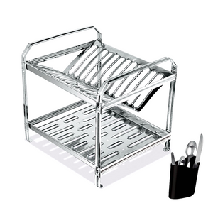 Escorredor em Aço Inox Polido 12 Pratos e Porta Talher Dinox