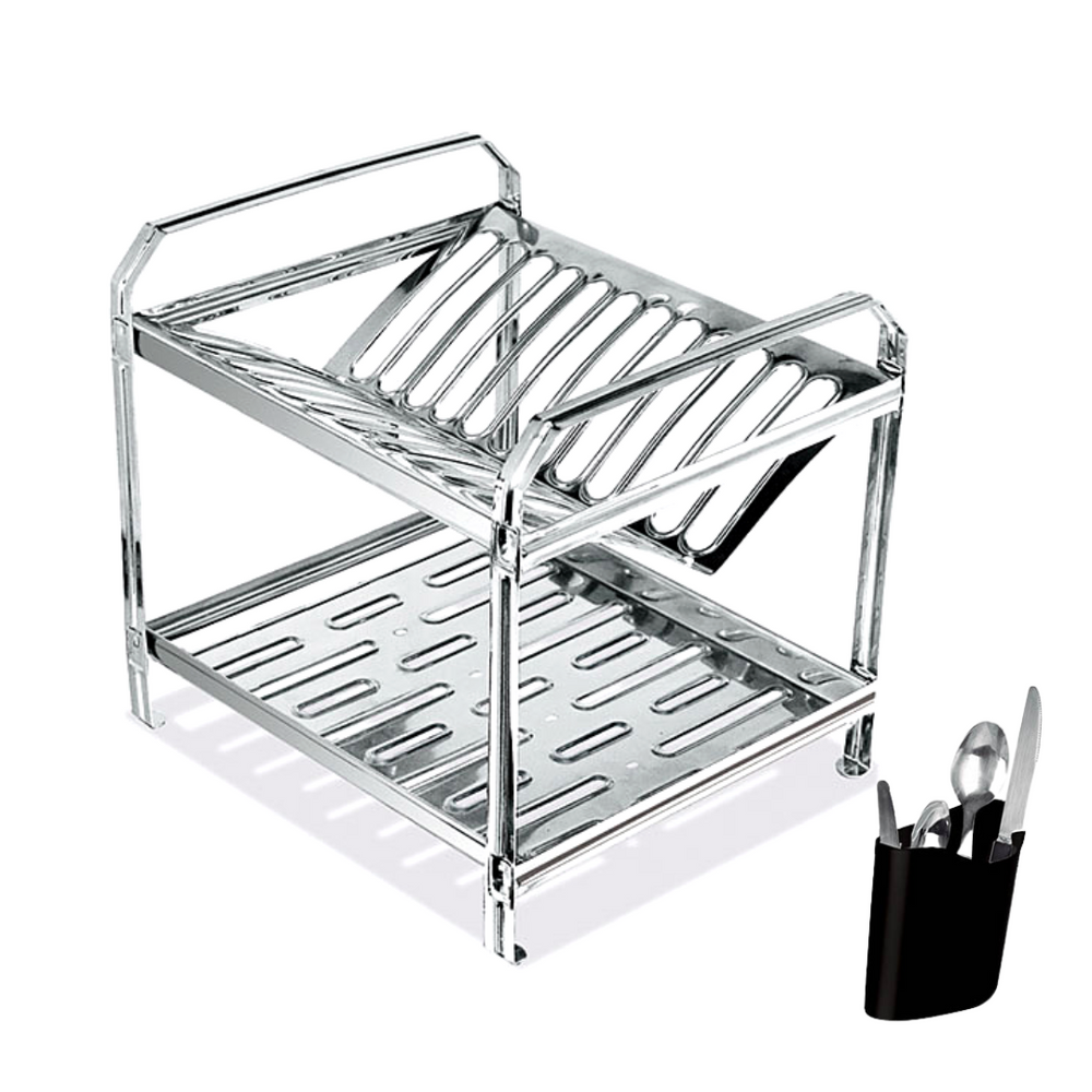 Escorredor em Aço Inox Polido 12 Pratos e Porta Talher Dinox