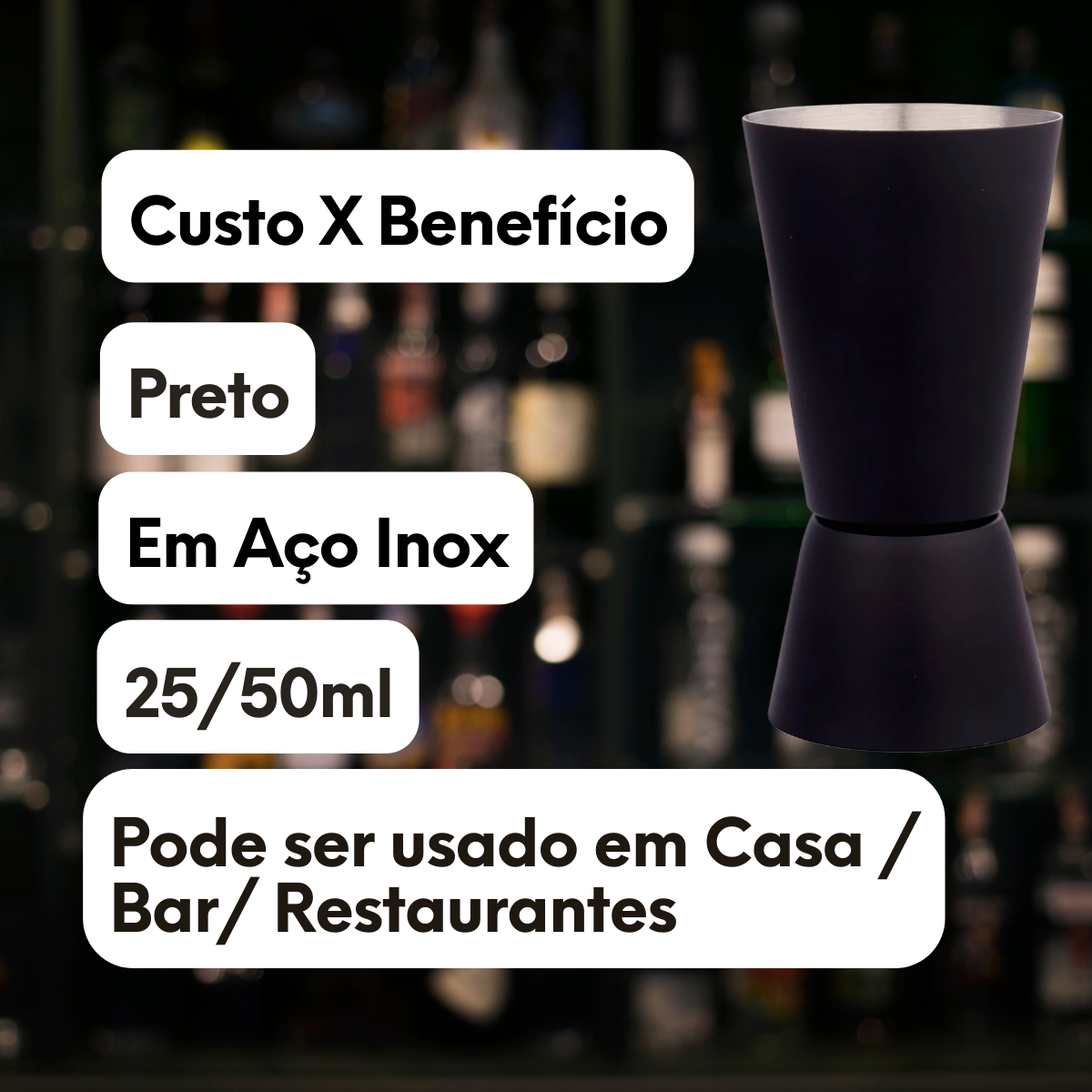 Dosador Open Bar em Aço Inox Preto 25/50ml - A Gourmet