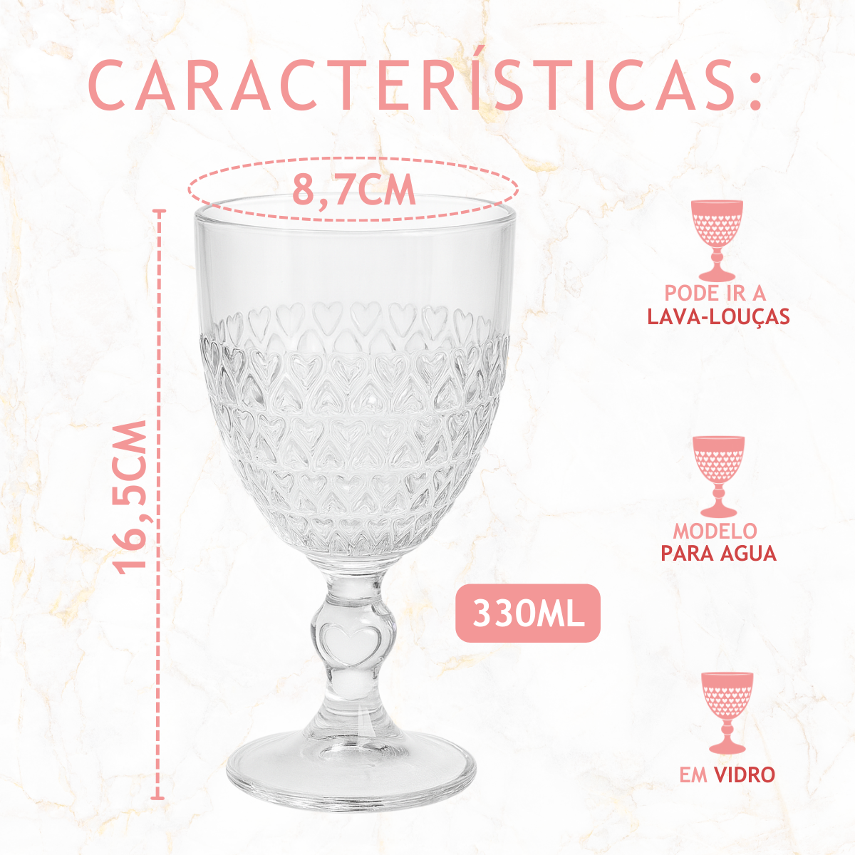 Taça Vidro Água Coração 330ml