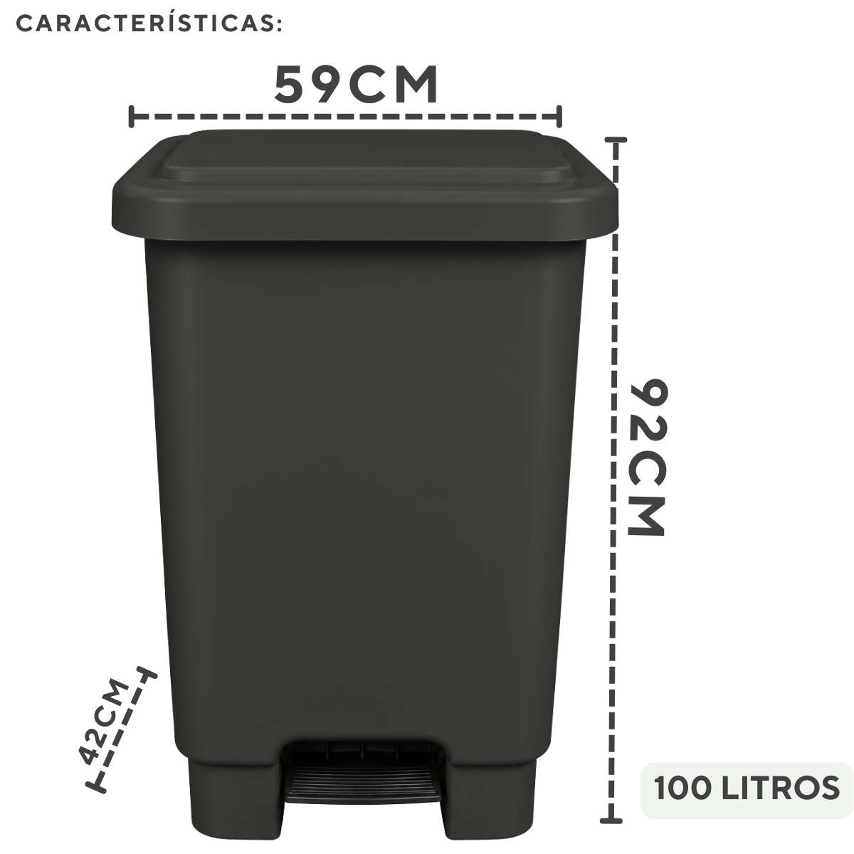 Lixeira Retangular C/Pedal 100L Preta em Plástico Profissional