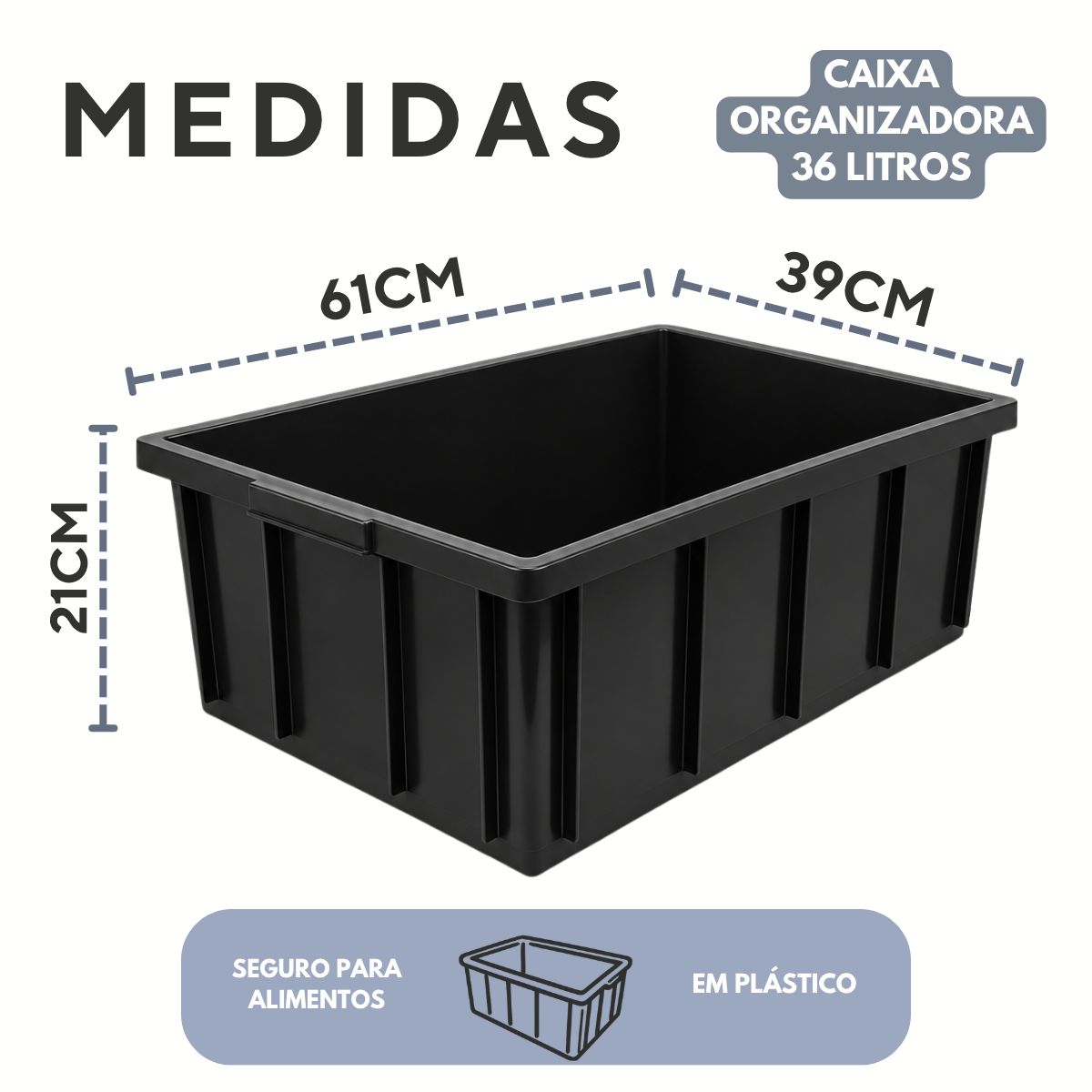 Caixa Organizadora 36L Preta Empilhável em Plástico Resistente