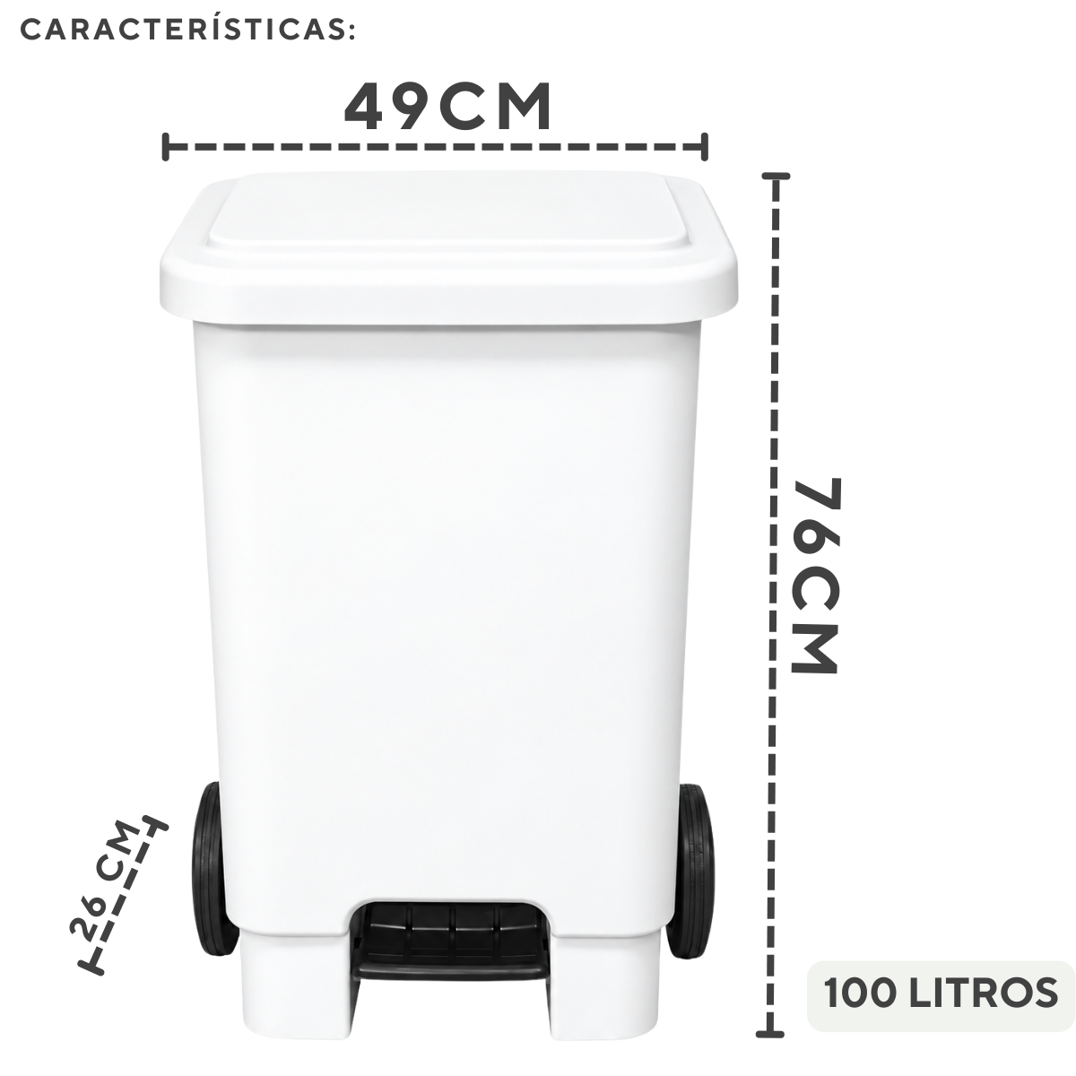 Lixeira C/ Pedal e Rodas 100Litros Branca