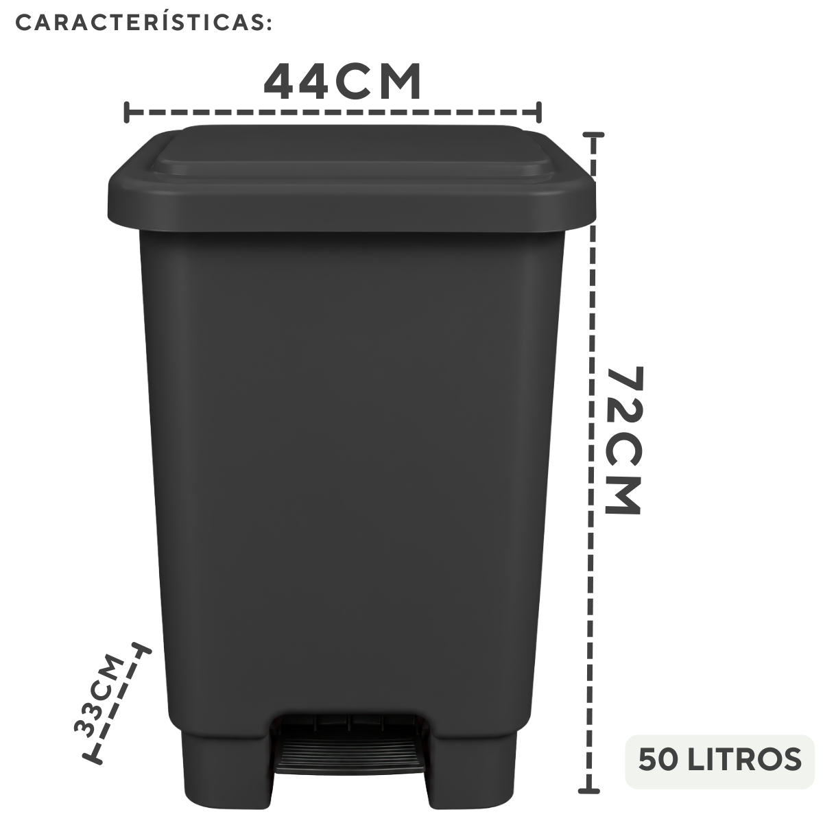 Lixeira Retangular C/Pedal Preta 50 Litros
