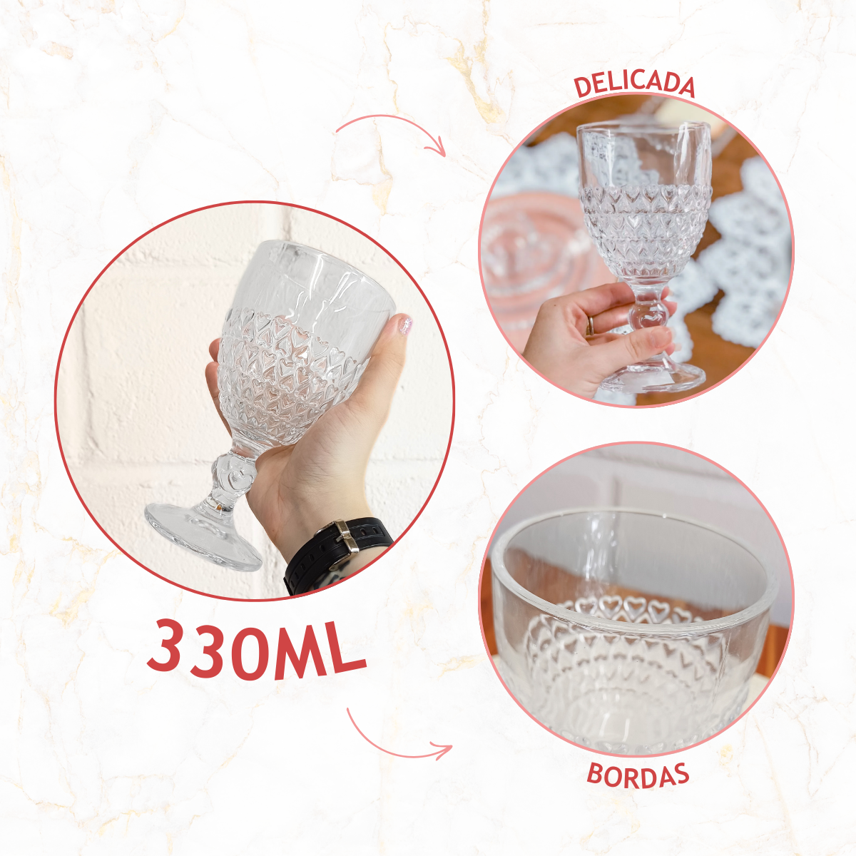 Taça Vidro Água Coração 330ml