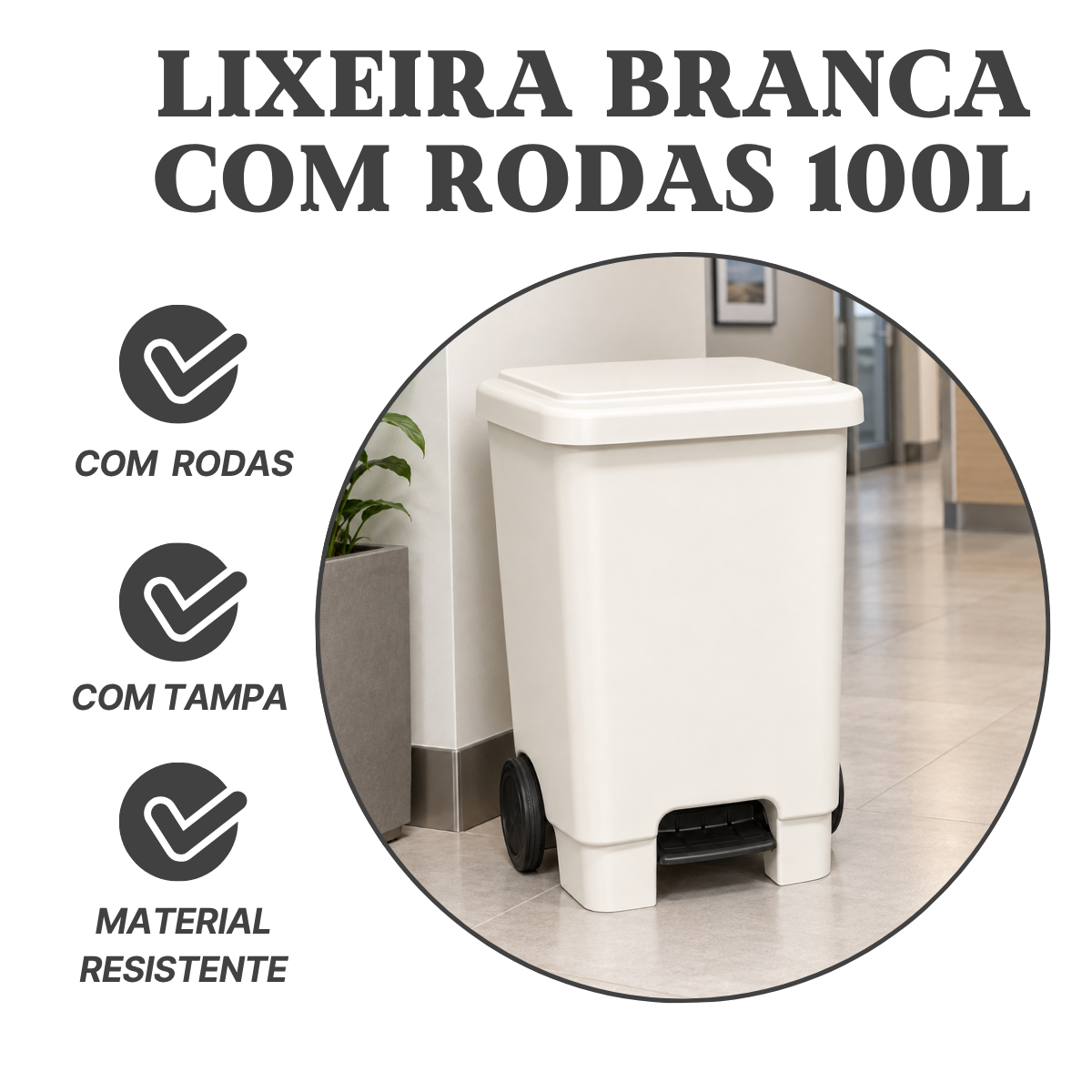 Lixeira C/ Pedal e Rodas 100Litros Branca