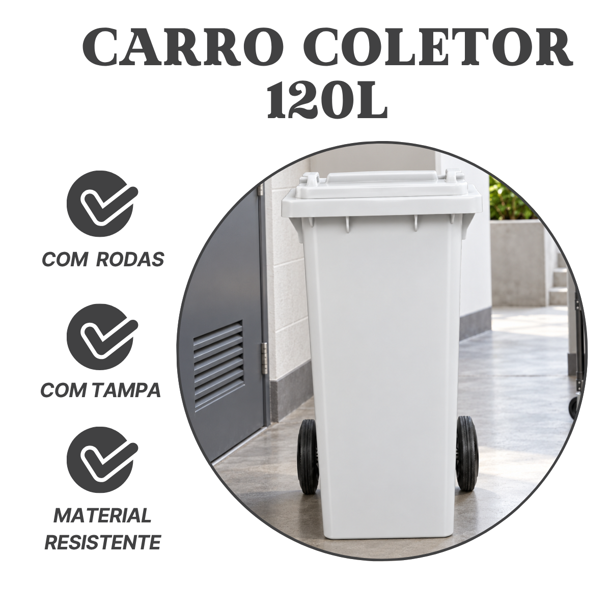 Carro Coletor 120L Branco com Rodas sem Pedal