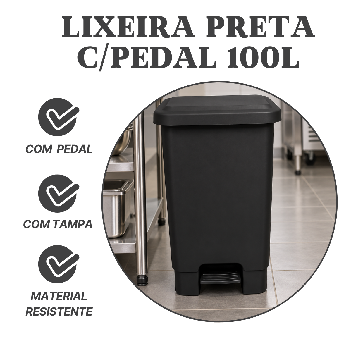 Lixeira Retangular C/Pedal 100L Preta em Plástico Profissional