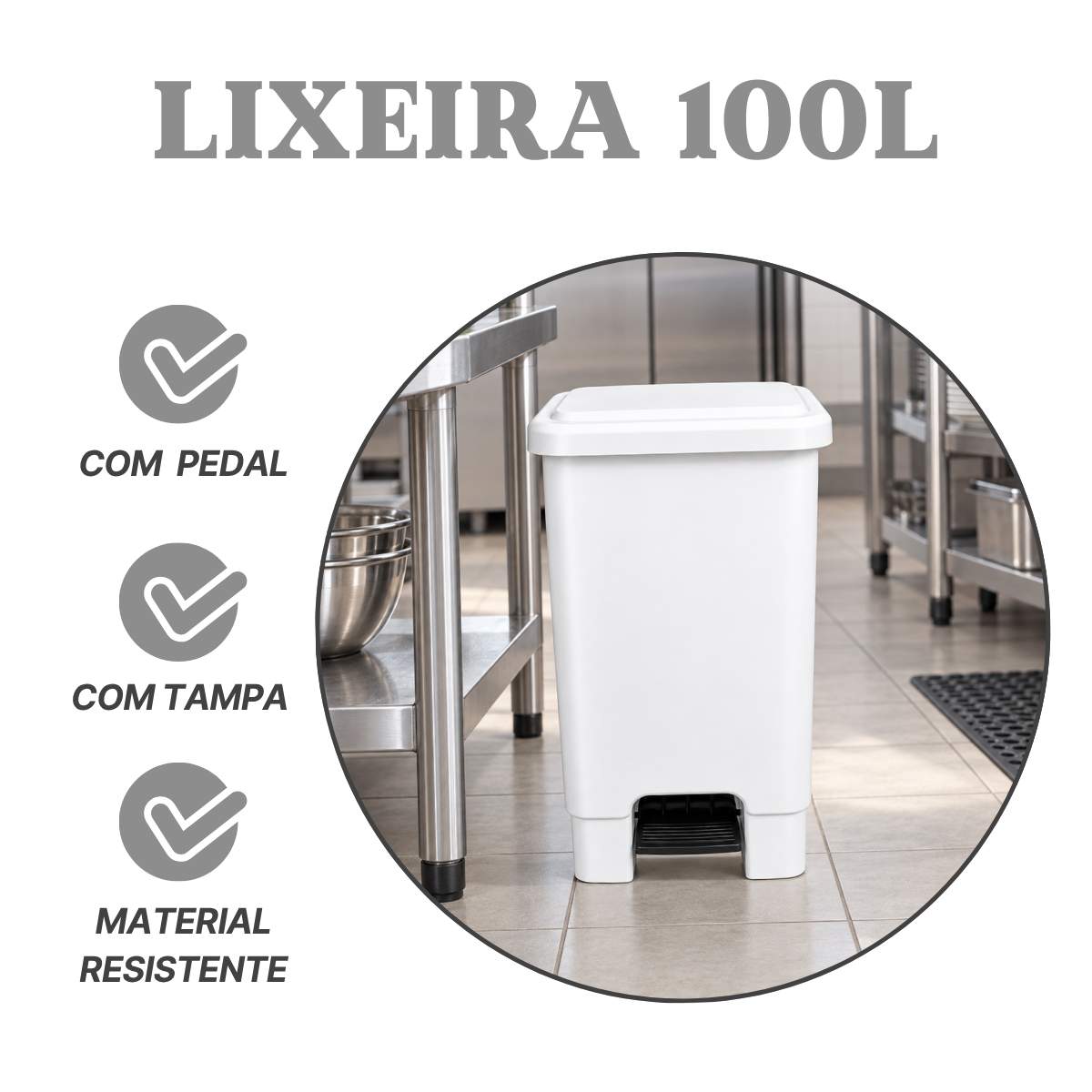 Lixeira com Pedal 100L Branca em Plástico Profissional
