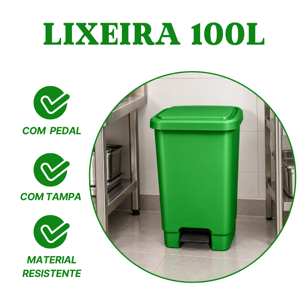 Lixeira com Pedal 100L Verde em Plástico Profissional