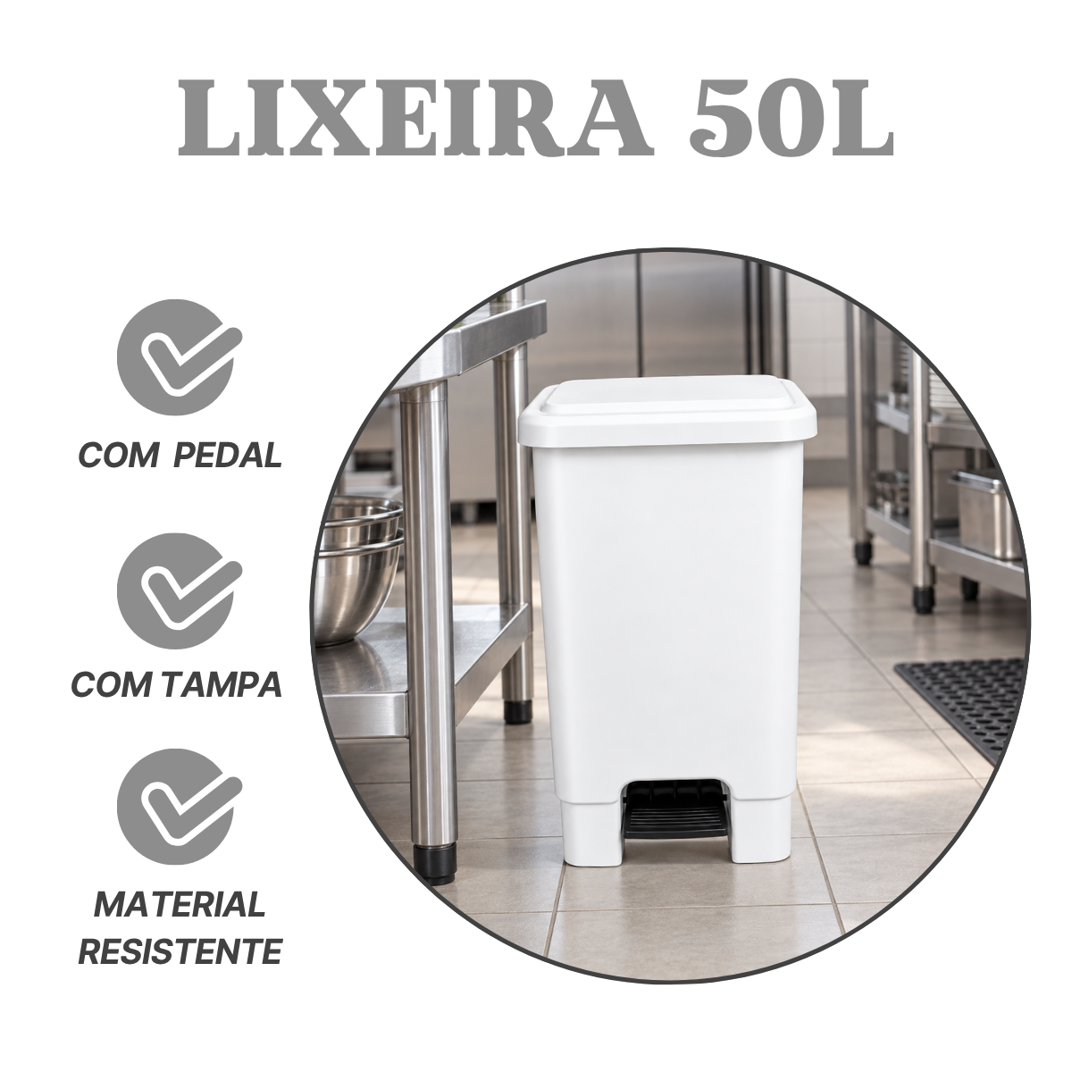 Lixeira com Pedal 50L Branca em Plástico Profissional