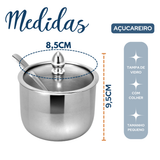 Açucareiro Aço inox C/ Tampa Vidro