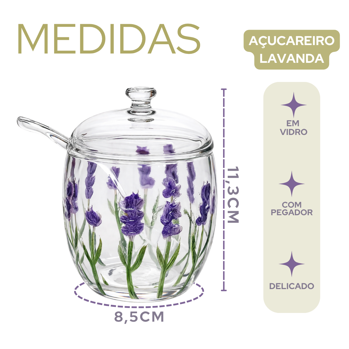 Açucareiro Vidro Com Tampa e Colher Lavanda