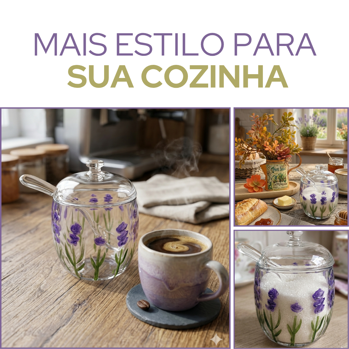 Açucareiro Vidro Com Tampa e Colher Lavanda