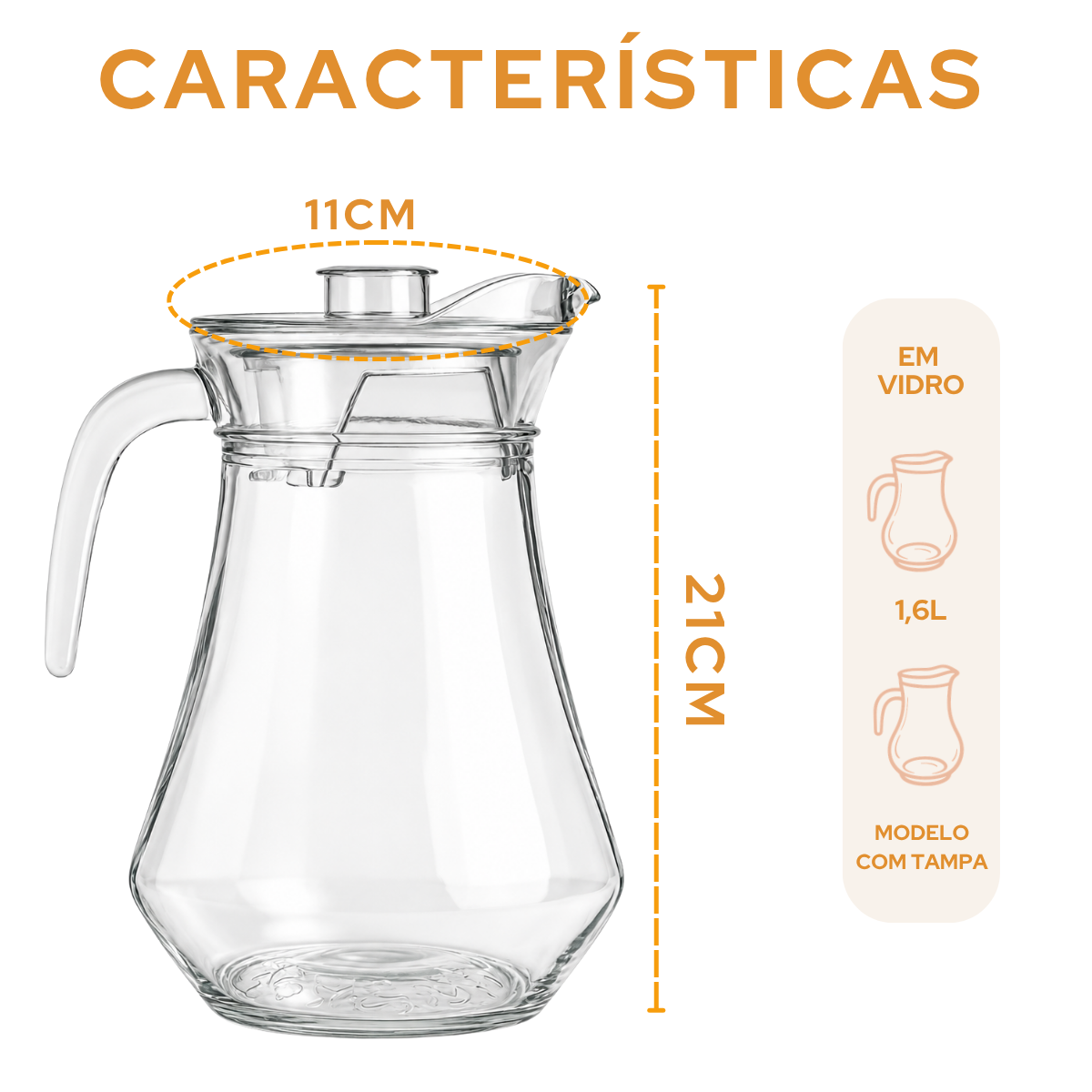 Jarra de Suco 1,6L Vidro Com Tampa Acrilico