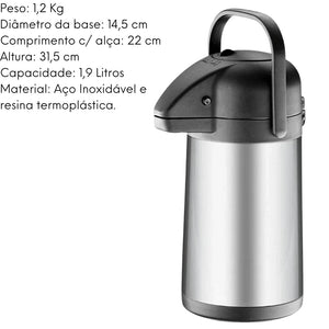 Garrafa Térmica Aço inox Hércules 1,9L Hercules