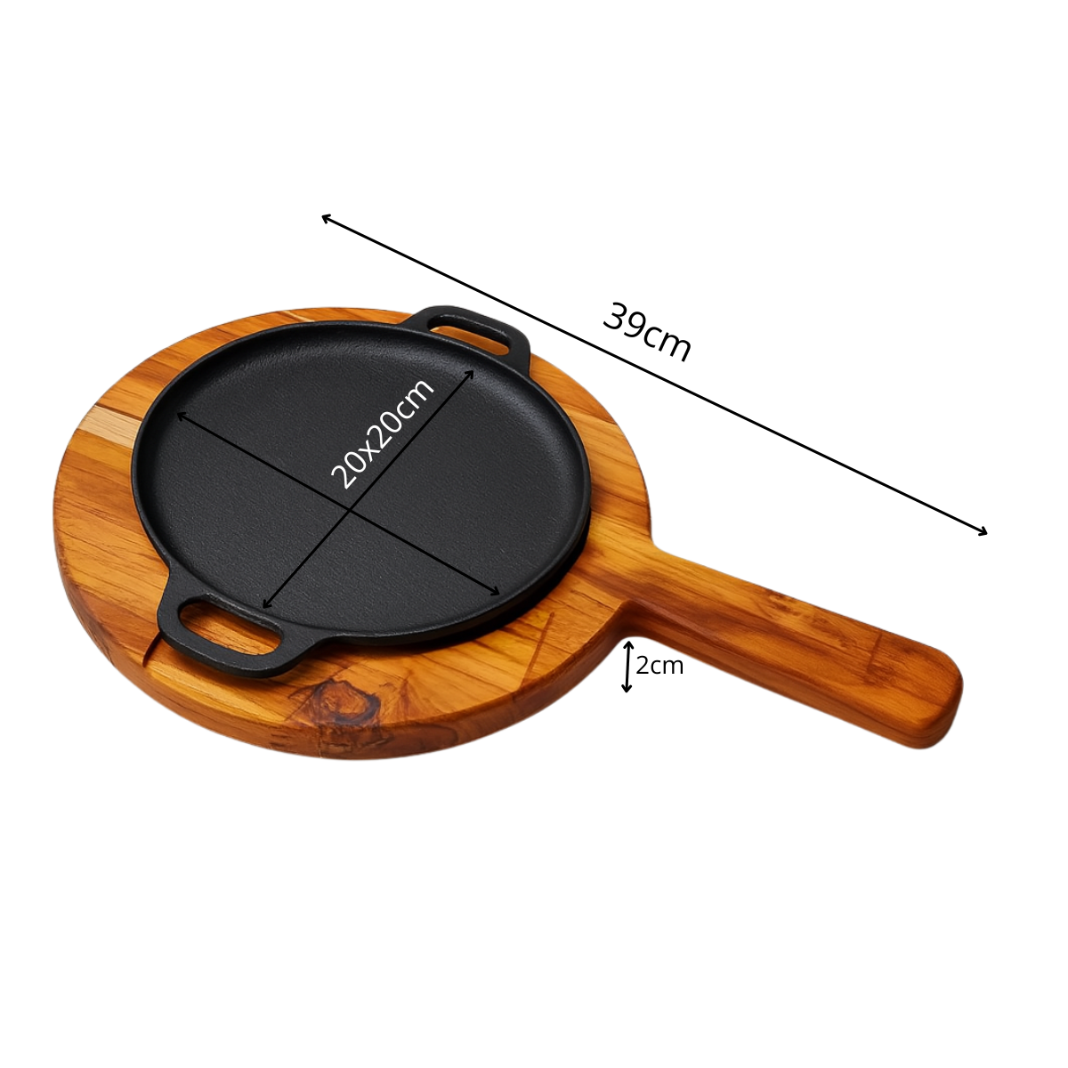 Chapa Redonda Ferro Fundido 20cm + Tábua Madeira com Cabo – Linha Profissional para Bares e Lanchonetes