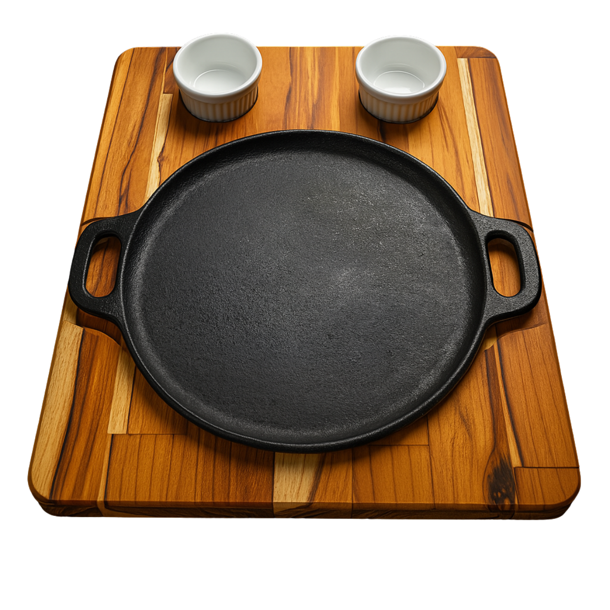 Kit Profissional Bifeteira Ferro Fundido 21cm com Tábua de Madeira e 2 Ramekins de Porcelana – Restaurantes e Churrascarias