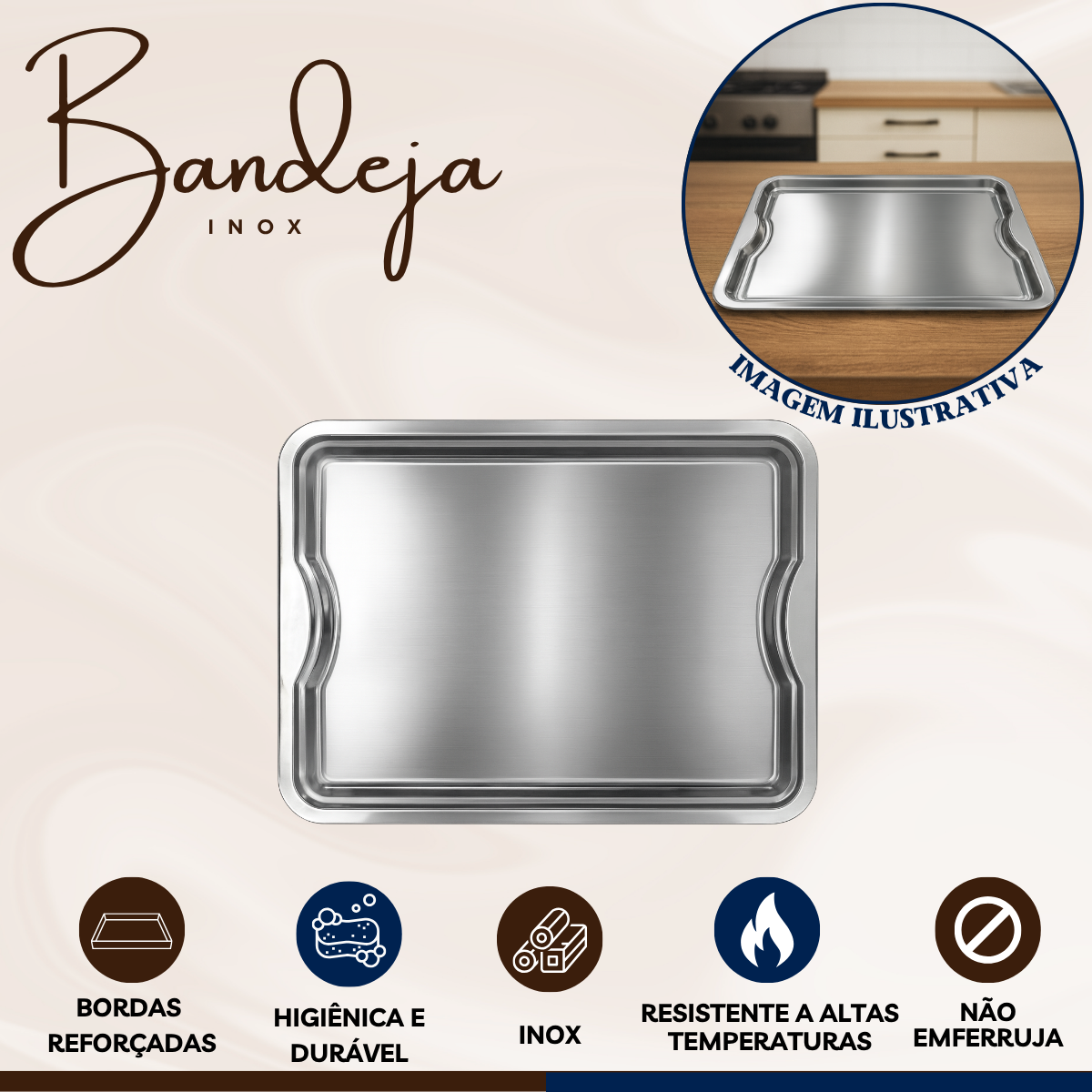 Bandeja inox Retangular 43cm