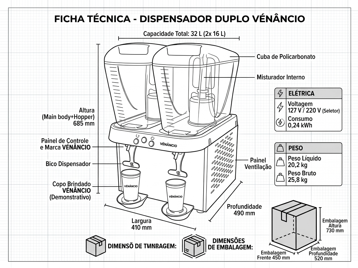 Máquina de Sucos e Refrescos Venâncio 32Litros