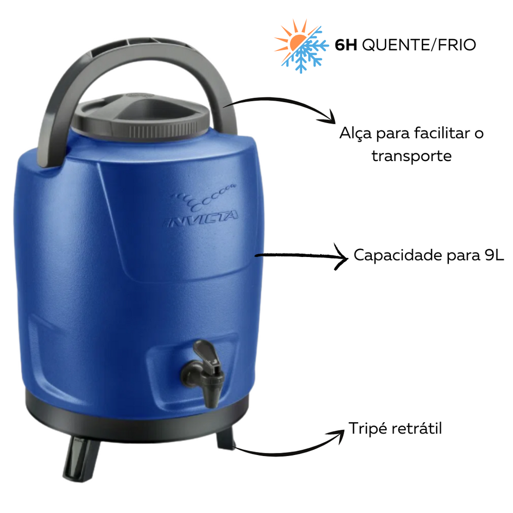Garrafa Botijão Termico Azul Com Tripé 9L Invicta
