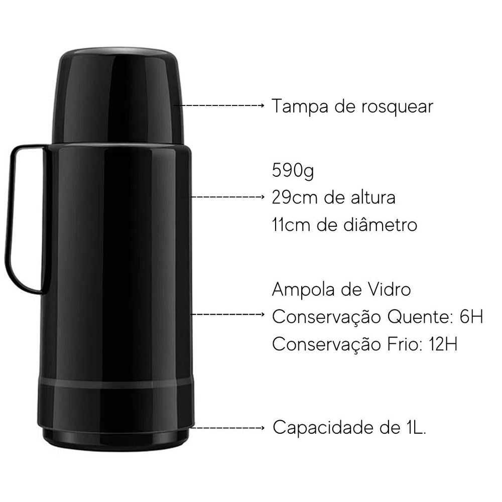 Garrafa Termica GLT Preta Rolha 1L Invicta