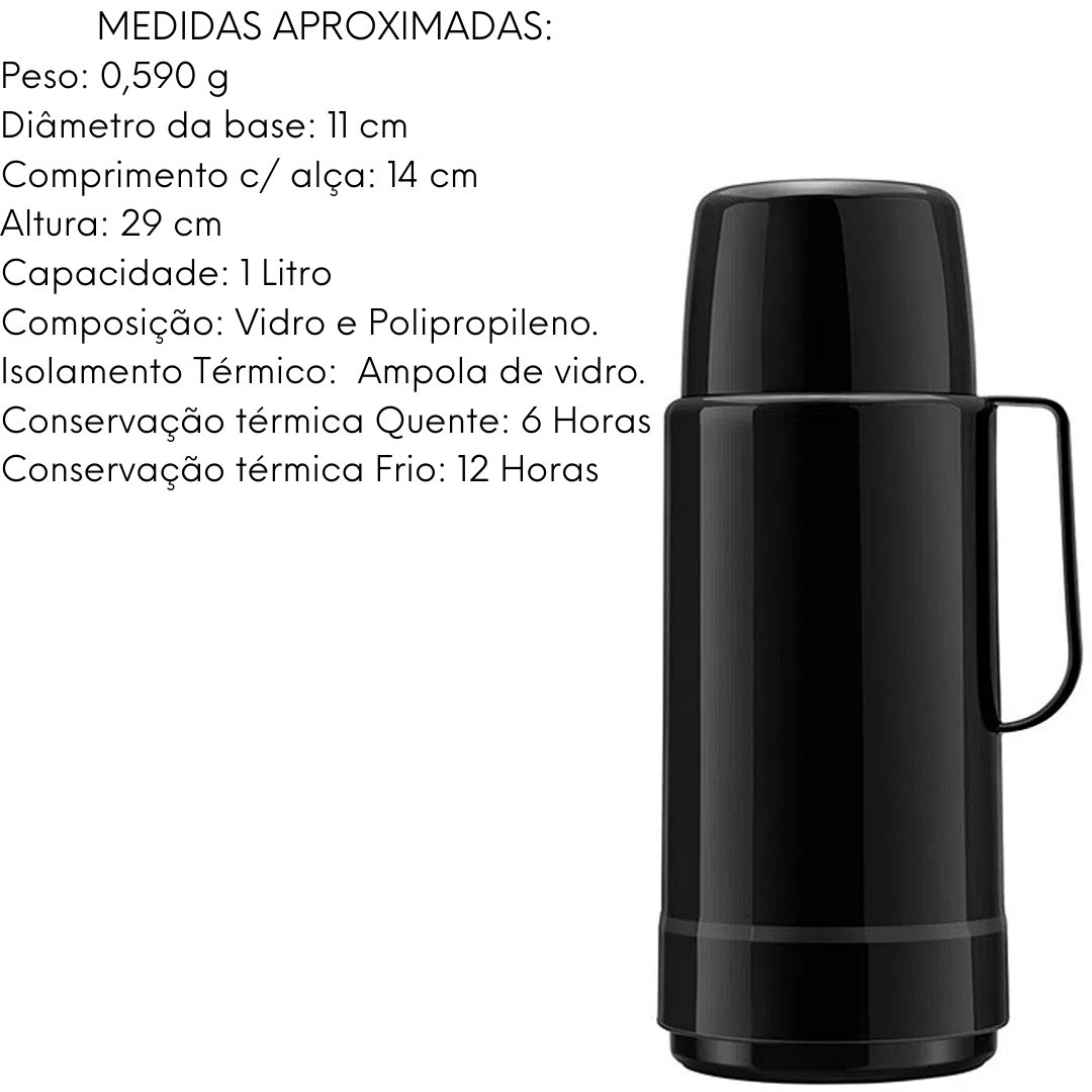 Garrafa Térmica Preta GLT Rolha 1L Invicta