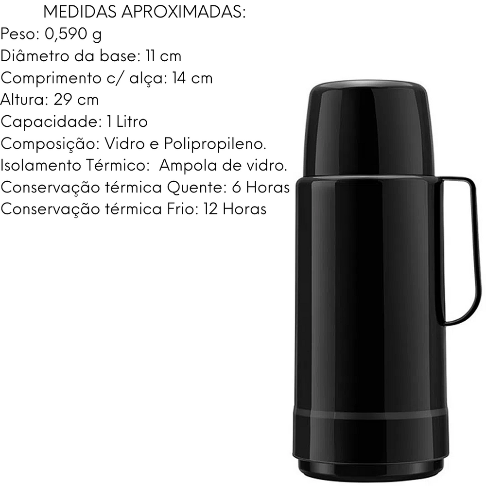 Garrafa Térmica Preta GLT Rolha 1L Invicta