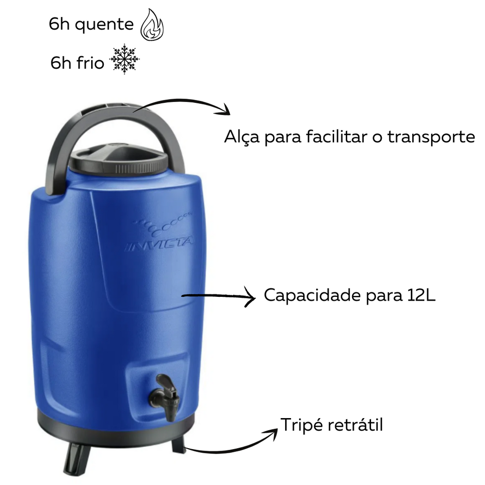 Garrafa Botijão Térmico Com Tripé Incess Azul 12L Invicta