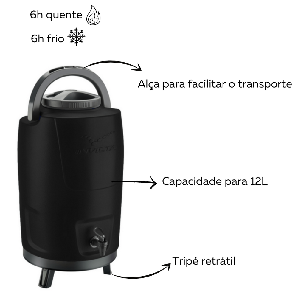 Botijão Térmico Com Tripé 12L Preto Invicta