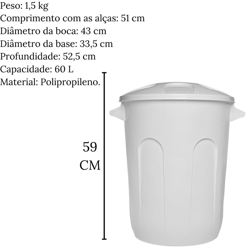 Lixeira Cesto Fechado Com Tampa Branco 60L Jaguar
