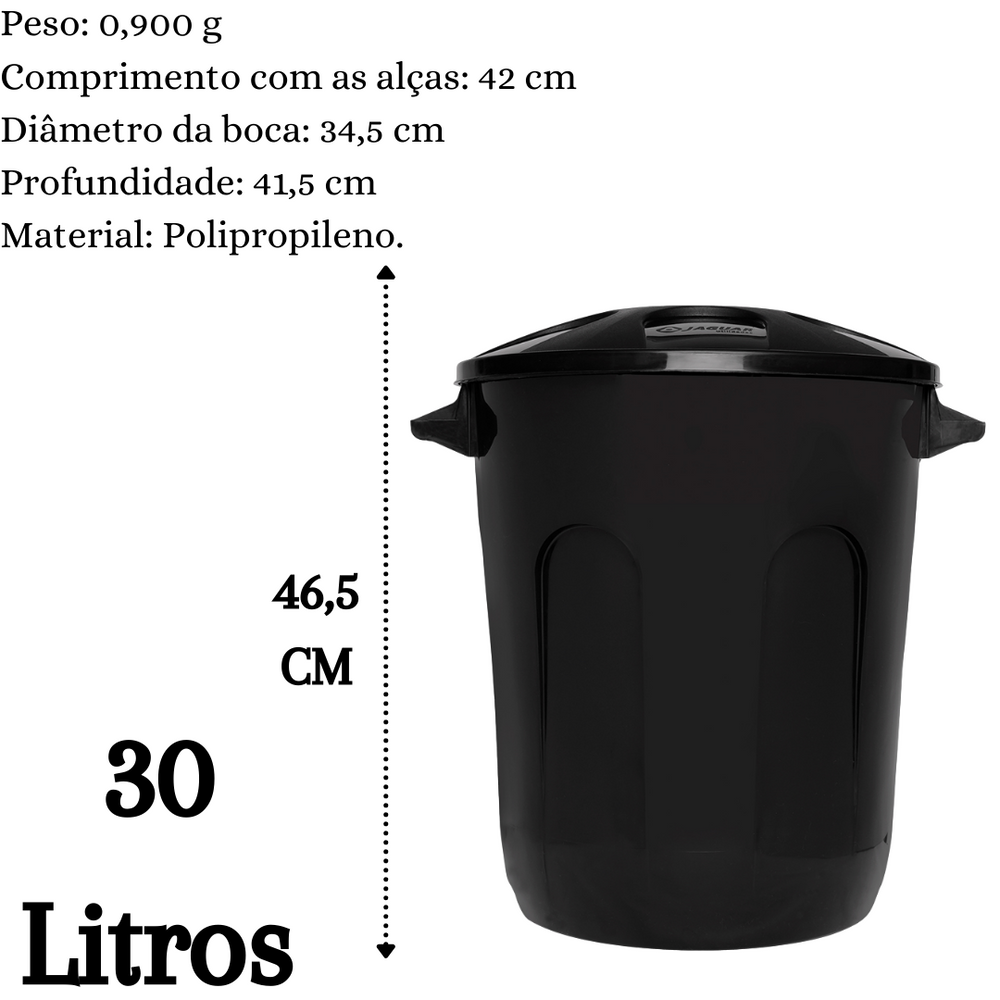 Lixeira Cesto Fechado Com Tampa Preto 30L Jaguar