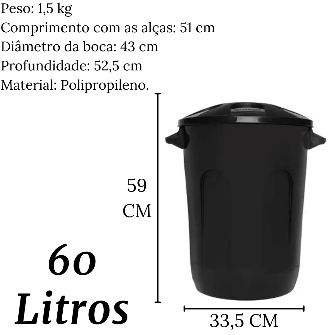 Lixeira Cesto Fechado Com Tampa Preto 60L Jaguar