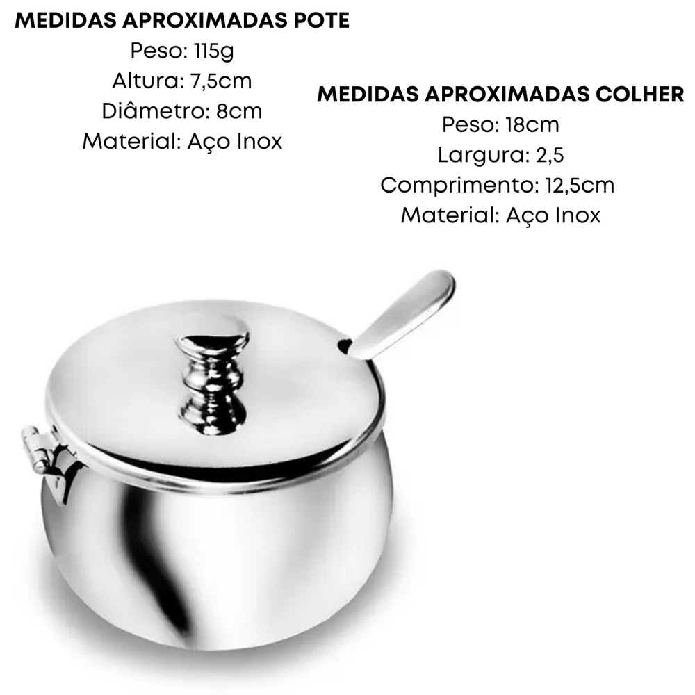 Açucareiro de Aço Inox Luxo Com Colher KeHome