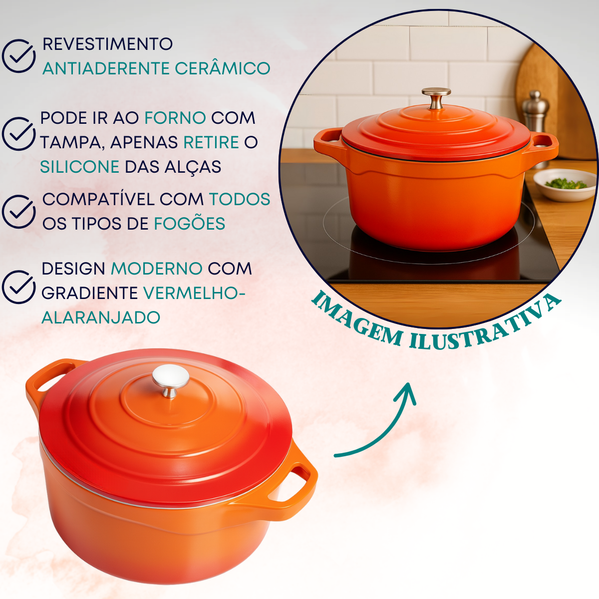 Panela Caçarola Cerâmica Antiaderente Laranja Le Cook 10,3l