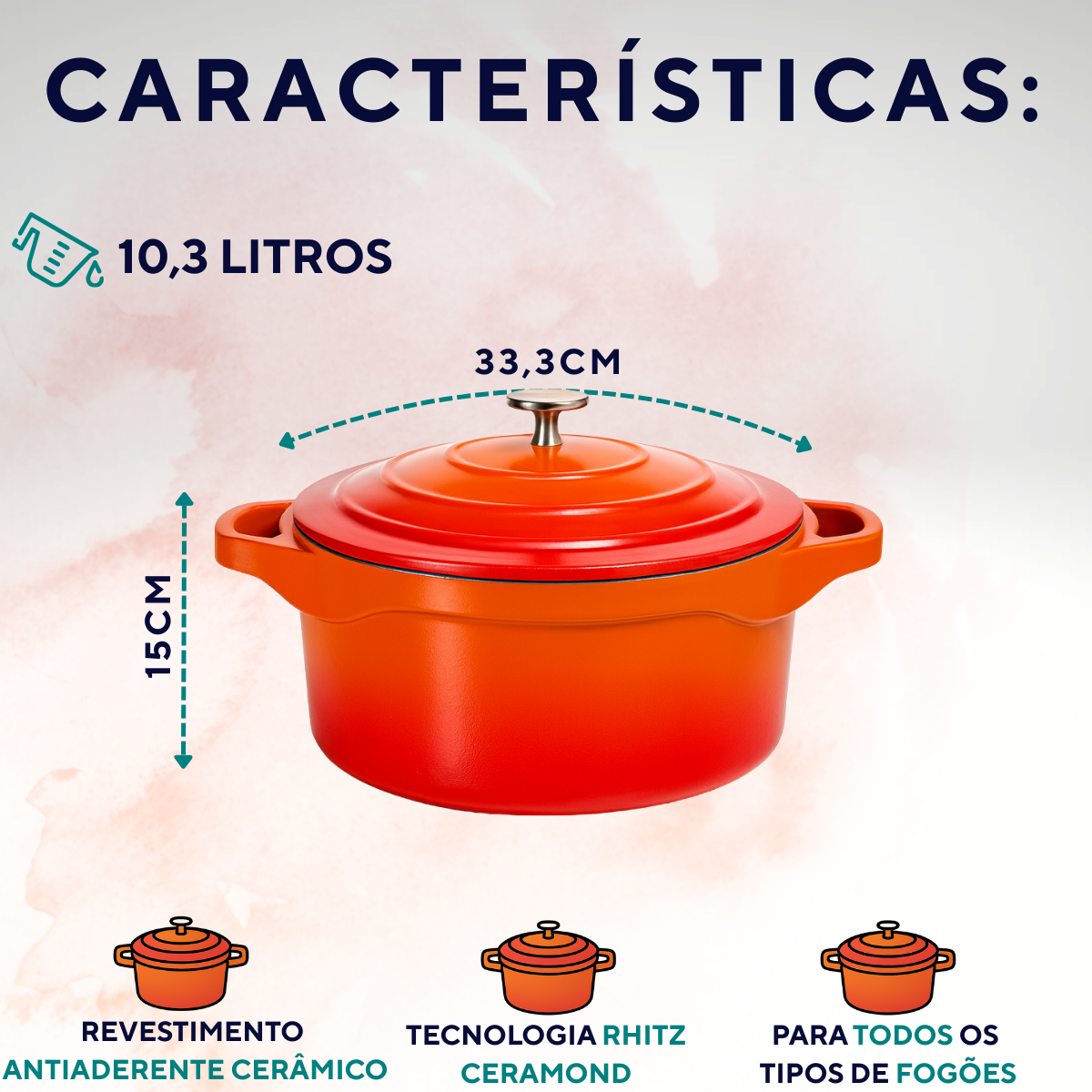 Panela Caçarola Cerâmica Antiaderente Laranja Le Cook 10,3l