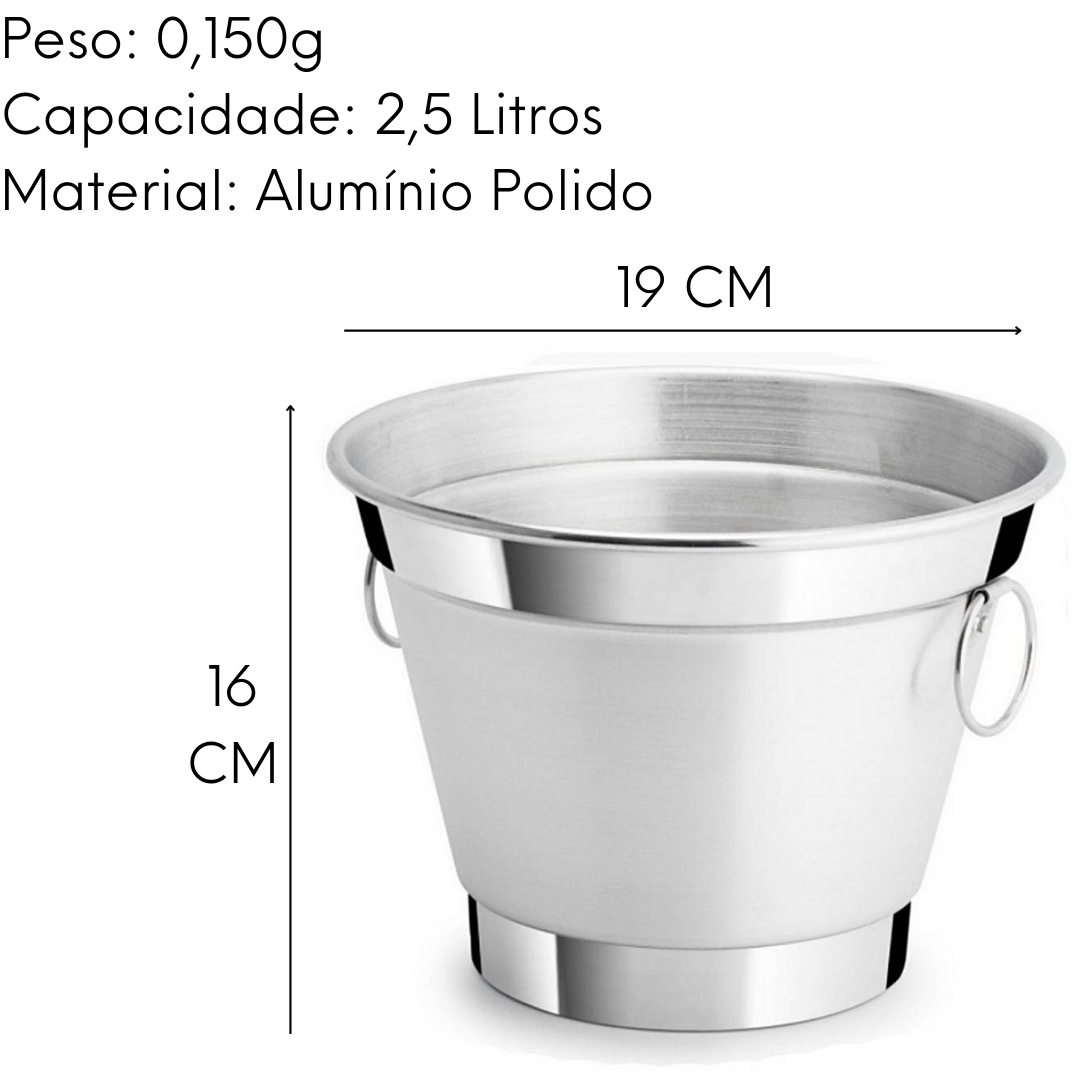 Balde de Gelo Pequeno Aluminio Polido 2,5L Lidermix