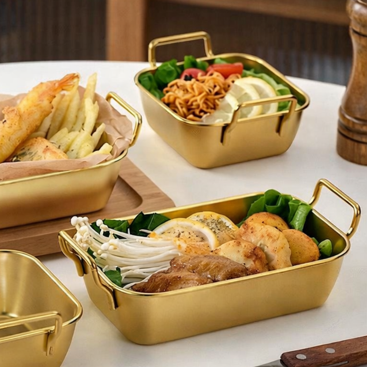 Mini Travessa Com Alça Servir Aço Inox Dourado