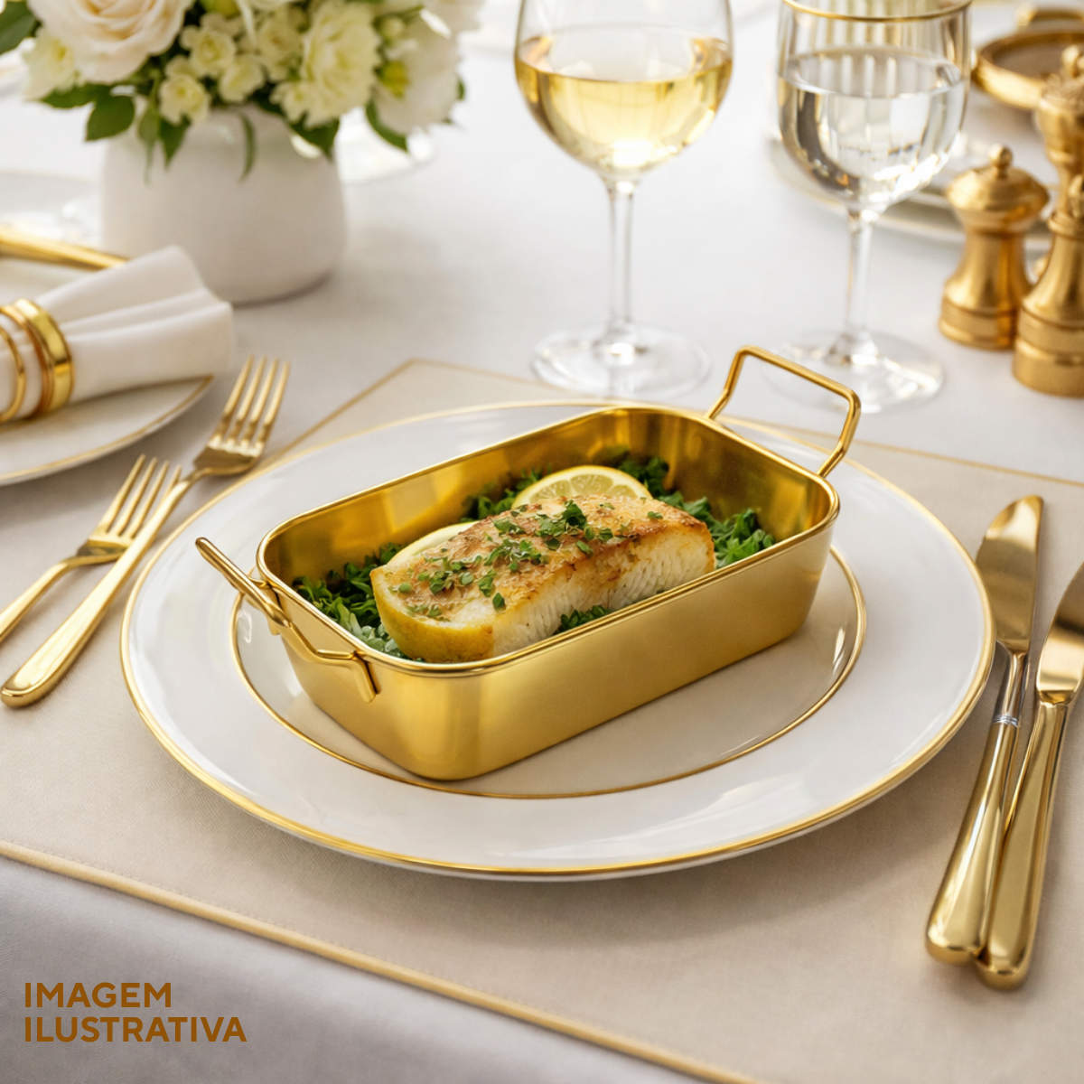 Travessa Servir Com Alça Inox Dourado