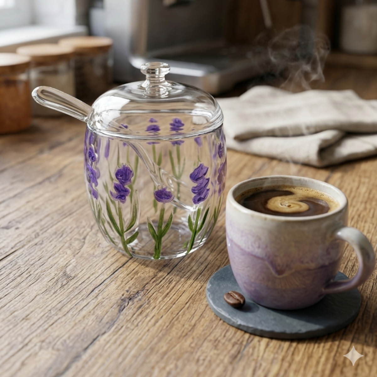 Açucareiro Vidro Com Tampa e Colher Lavanda