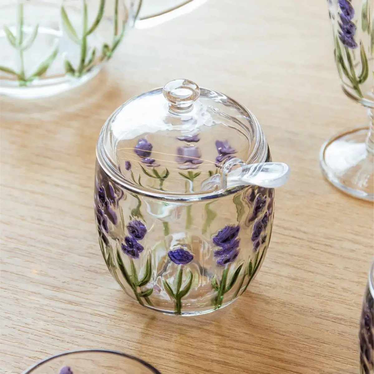 Açucareiro Vidro Com Tampa e Colher Lavanda